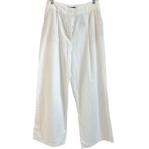 NWT Zara High Rise Pleated Wide Leg Cotton Pants Medium Pockets Solid White